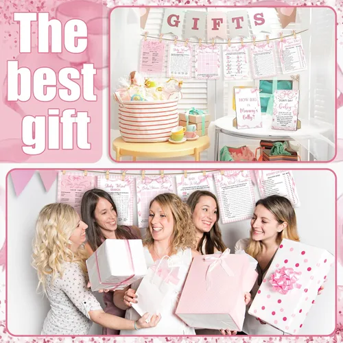 Miniatura 6 de Funnymoom Juego de 426 juegos de baby shower con lazo rosa, 8 juegos, incluye bingo de baby shower, precio correcto, adivina quién, revuelto