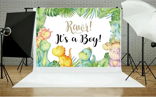 Miniatura 4 de Cartel de fondo de baby shower de dinosaurio pequeño de 7 x 5 pies con texto en inglés "It's A Boy" ("It's A Boy"), telón de fondo para baby shower