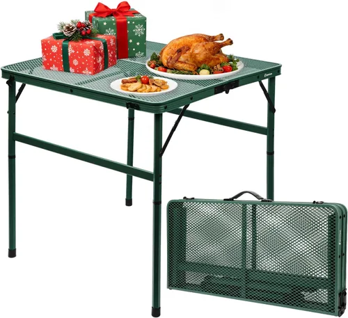 Miniatura 17 de Mesa plegable de 4 pies con escritorio de malla metálica, mesa de campamento con asa de transporte, altura ajustable (16.5 y 26 pulgadas), mesa al