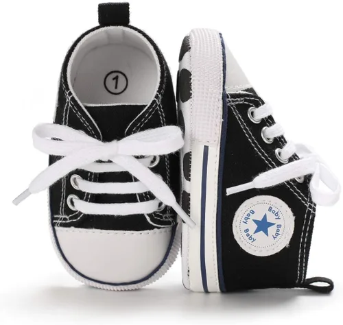Miniatura 5 de KIDSUN - Zapatos deportivos unisex de caña alta para bebés mezclilla de lona suela antideslizante suaves para los primeros pasos A01-negro 3-6
