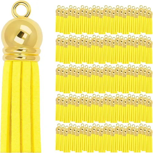 Miniatura 57 de Mandala Crafts 100 borlas de gamuza sintética color aguamarina con tapa dorada, suministros para hacer llaveros a granel, pequeñas borlas de cuero