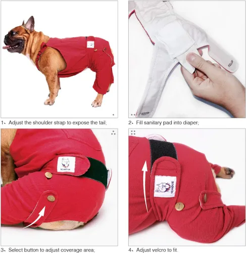 Miniatura 5 de iChoue Lindos pañales para perro con tirantes para bulldog francés, pug francés, bulldog inglés, hembra, en ciclo de calor, azul, pequeño con 1 pañal