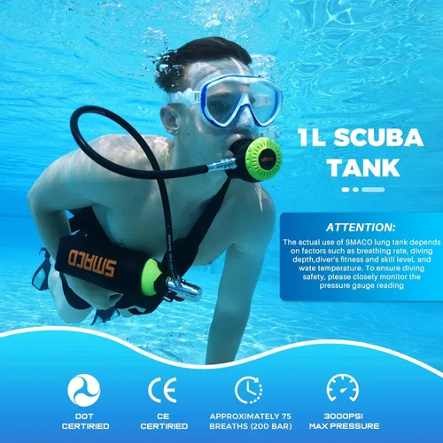 Miniatura 2 de SMACO Tanque de buceo Mini tanque de buceo 1L Soporte de aproximadamente 15 minutos de respiración submarina (no más de 33 pies) Mini tanque
