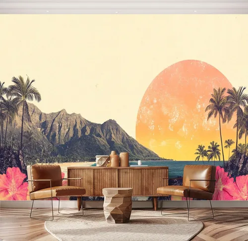 Hawaii - Mural de pared retro exótico exótico tropical con olas de playa, paisaje, vintage, despegar y pegar, autoadhesivo, extraíble, adhesivo de