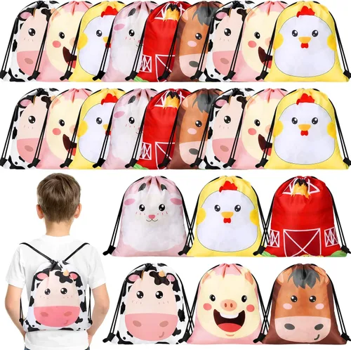 Eccliy 36 bolsas de regalo de fiesta de animales de granja, suministros de fiesta de cumpleaños de granja, bolsas de cuerda para temática de granero