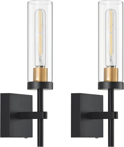 Miniatura 15 de Juego de 2 apliques de pared cableados negros y dorados, modernos apliques de tocador de baño con pantalla de vidrio transparente, luces de montaje