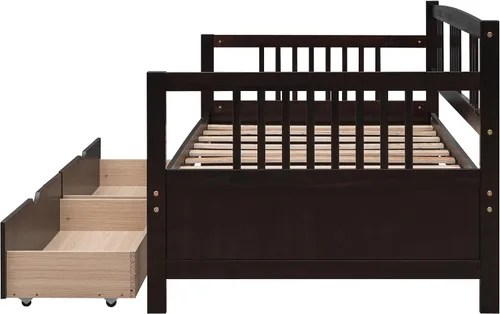 Miniatura 4 de Polibi Sofá cama de tamaño individual con dos cajones, marco de sofá cama de madera con rieles para sala de estar, dormitorio, color espresso