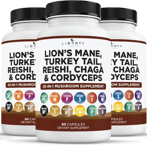 Liberty Lifestyle Suplemento de Hongo Melena de León con Cola de Turquía, Reishi, Cordyceps, Chaga y Raíz de Malvavisco - Pack de 3