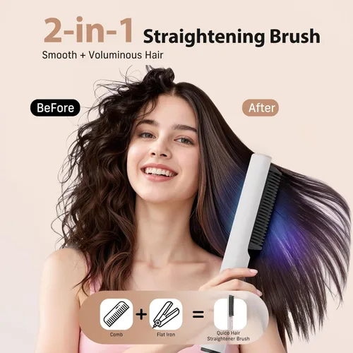 Miniatura 2 de Quico Hair Straightener Brush, 100-240V Ionic Travel Straightener Brush for Women, Ceramic Dual Voltage Hair Straightener Comb, Electric Hot Comb