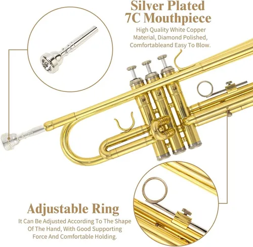 Miniatura 4 de Instrumento de trompeta, instrumentos musicales de banda y orquesta para principiantes, con estuche para trompeta, boquilla, paño y guantes (dorado)