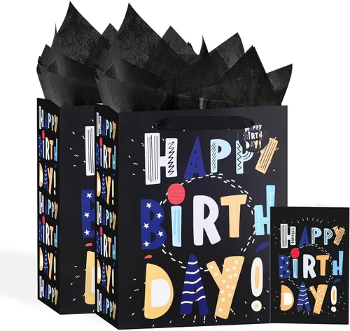 Miniatura 46 de Powbrace Bolsa de regalo de cumpleaños negra con papel de seda y tarjeta de felicitación, 13 x 10.2 x 4.9 pies, mediana