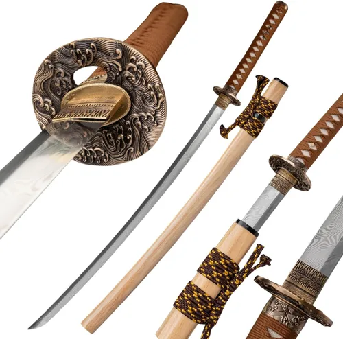 Miniatura 13 de Espada Katana KAWANO, espada japonesa de Damasco de acero plegable hecha a mano, espada samurái de lama completa funcional, mango de Rayskin real