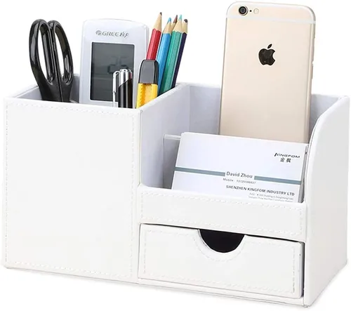 Miniatura 13 de KINGFOM Organizador de escritorio caddy de suministros de oficina de cuero PU, caja de almacenamiento multifunción para bolígrafo/lápiz, teléfono
