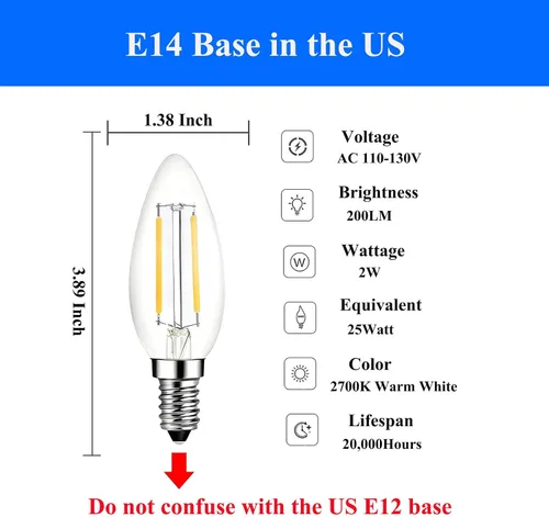Miniatura 3 de Beonllay - Bombillas LED de casquillo de candelabro E14 con base europea, 25 W de equivalencia, 110 V, 2700 K, luz blanca cálida, bombillas LED E14