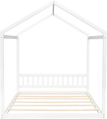 Miniatura 4 de MERITLINE Cama de casa tamaño Queen para niños, cama Montessori de madera con cabecero, techo y listones de soporte, marco de cama Queen para niños