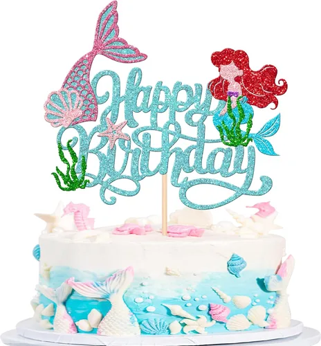 1 PCS Decoración para Pastel de Feliz Cumpleaños - Estrella de Mar, Madera de Mar, Conchas Marinas, Cola de Sirena para Decoraciones de Fiesta