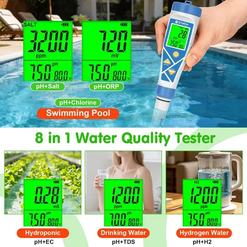 Miniatura 4 de Piscina pH sal y cloro probador 8 en 1 pH digital Salinidad TDS EC cloro ORP H2 para piscina de agua salada, bañera de hidromasaje, hidropónico