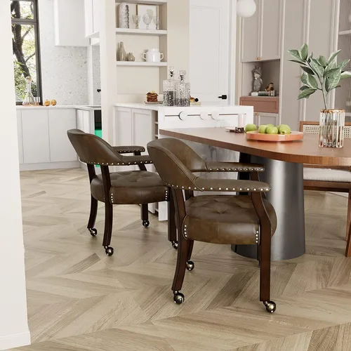 Miniatura 3 de Silla de comedor con ruedas, silla de cuero con ruedas y cabeza de clavo, sillas de comedor con rodillos, sillas de respaldo curvado con ruedas