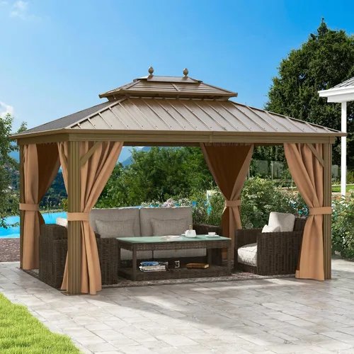 Miniatura 17 de DWVO Gazebo de techo rígido de 10 x 10 pies, techo doble con redes y cortinas, techo de rayas verticales de acero galvanizado resistente para patio