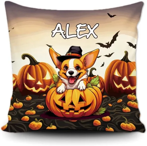 Miniatura 10 de Funda de almohada personalizada de Halloween, diseño de perro Golden Retriever, calabaza, cachorro inteligente, funda de cojín decorativa de lona 34