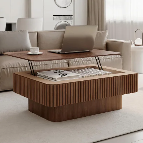 Miniatura 24 de Mesa de Centro Cuadrada de 35.43'' para Sala de Estar Mesa de Centro Acanalada Mesa Central Moderna con Pedestal para Apartamento Negro