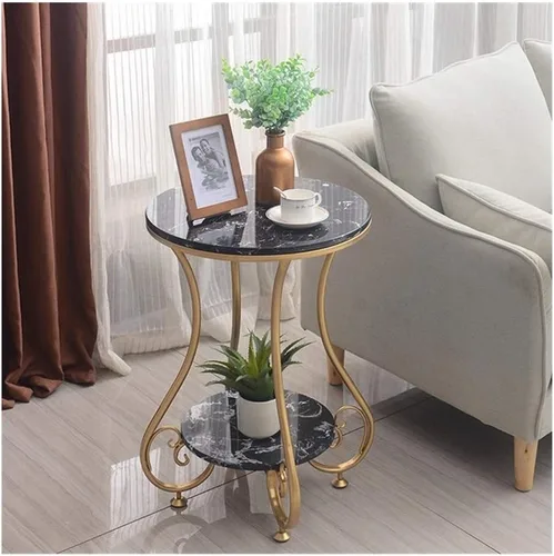 Mesa de centro redonda de mármol con dos capas para sala de estar, mesa de café, mesa de centro Beistelltisch Mesa auxiliar (color negro) (blanco