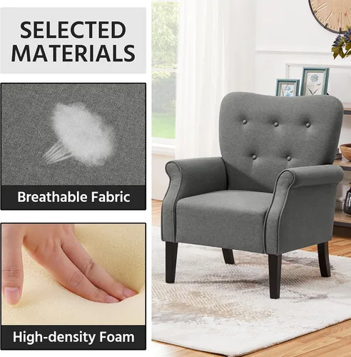 Miniatura 6 de Topeakmart Silla decorativa de tela, sillón moderno de poliéster con patas de madera, respaldo alto y cómodo asiento acolchado para sala de estar
