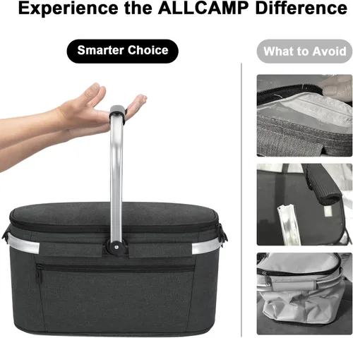 Miniatura 3 de ALLCAMP Cesta de pícnic, 2 cajas de hielo incluidas con enfriador aislado de 32 litros, cesta de picnic plegable gruesa con cestas extraíbles