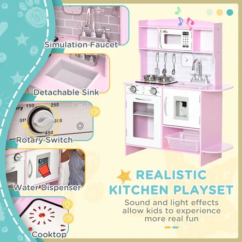 Miniatura 3 de Qaba Juego de juguetes de cocina para niños con diseño realista, luces de estufa, almacenamiento, dispensador de agua, para niños de 3 a 6 años