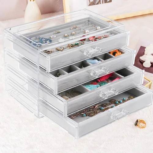 Miniatura 2 de Weiai Organizador de joyas acrílico caja de joyería transparente con 4 cajones vitrina de terciopelo para almacenamiento aretes anillos collares