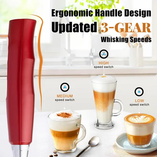 Miniatura 3 de Nahida Varita Espumadora de Leche Roja para Café - Batidor Eléctrico Recargable de Mano con 3 Cabezales, 3 Velocidades - Mezclador de Bebidas