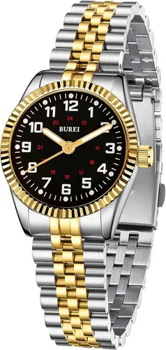 Miniatura 16 de BUREI Reloj de negocios para mujer con fecha de día, movimiento de cuarzo analógico, pulsera de acero inoxidable de oro plateado, reloj de moda
