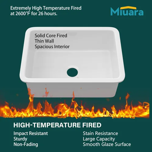 Miniatura 4 de Miuara Fregadero de cocina blanco de montaje inferior de 27 pulgadas – Fregadero de arcilla refractaria de montaje superior de 27 x 19 x 10