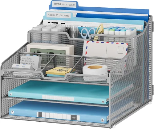Miniatura 11 de Lavatino Organizador de escritorio, malla metálica con 2 bandejas de papel para cartas, 7 divisores flexibles, 2 soportes verticales para archivos