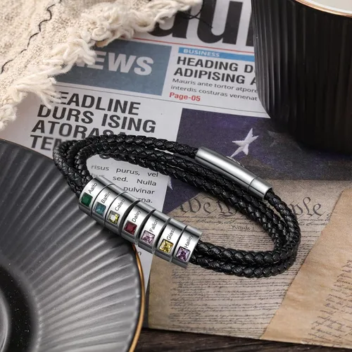 Miniatura 38 de Pulsera personalizada para el Día del Padre para hombre, pulseras personalizadas de cuero trenzado negro con cuentas grabadas de 1 a 8 nombres