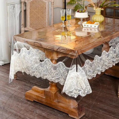 Miniatura 2 de ARTABLE Mantel rectangular de vinilo de PVC, impermeable, transparente, con borde de macramé de encaje champán, para boda, cocina, hogar