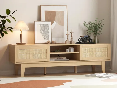 Miniatura 11 de Soporte de TV estriado para TV de 55 y 65 pulgadas, centro de entretenimiento moderno de mediados de siglo con estantes, gabinetes y puertas