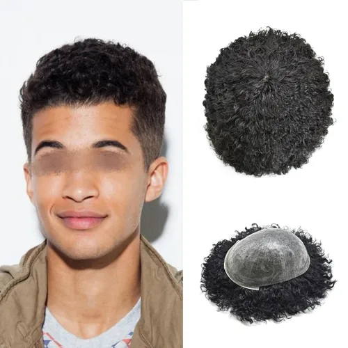 Miniatura 17 de Tupé rizado afro para hombres negros Full Poly African American Curl sistemas de cabello humano inyectado PU Coily Male Hairpieces Poly Hair