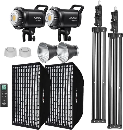 Godox SL60II-D Juego de 2 luces LED para video, kit de luz continua, rejilla cuadrada, soporte para luz, control remoto y rejilla de nido de abeja