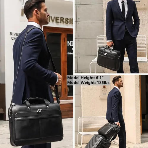 Miniatura 2 de Masa Kawa Maletín de cuero para hombre de 17/15.6" con bandolera para laptop, bolsa de hombro con mensajero para negocios, viaje, trabajo, estuche