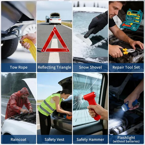Miniatura 5 de XOOL Kit de emergencia para automóvil con cables de puente, kit de primeros auxilios, correa de remolque y juego de herramientas – Kit de seguridad