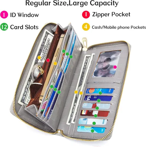 Miniatura 3 de Badiya Cartera para mujer, con bloqueo RFID, de cuero, con cremallera, de gran capacidad, para tarjetas de crédito, bolso largo, Gris