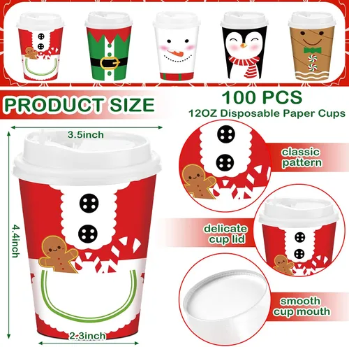 Miniatura 2 de Gerrii Juego de 100 vasos de papel de Navidad desechables de 12 onzas con tapas, tazas de chocolate caliente, tazas de café, tazas calientes