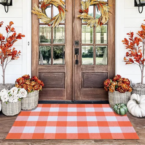 Miniatura 24 de Alfombra a Cuadros Naranja y Negra, 3 x 5 Pies, Alfombra Decorativa de Otoño para Puerta Delantera al Aire Libre, Alfombra de Algodón Lavable Tejida