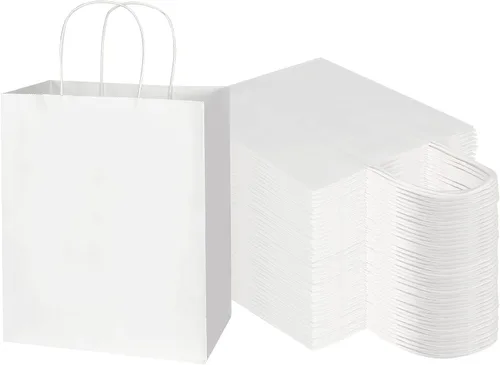 Miniatura 12 de Toovip Paquete de 100 bolsas de papel kraft de 8 x 4.75 x 10 pulgadas, medianas de color marrón liso con asas, a granel, bolsas de envoltura