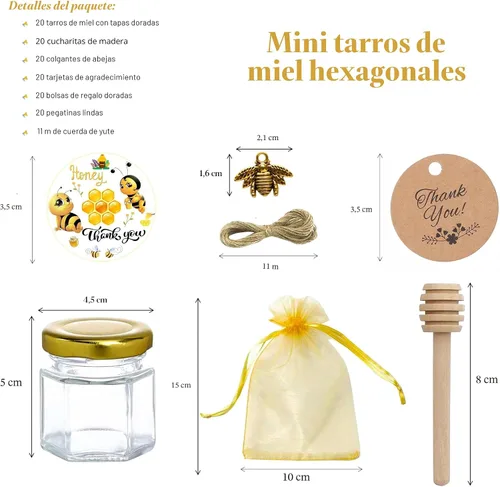 Miniatura 2 de IIKUM Paquete de 20 tarros de miel de vidrio, tarros hexagonales de miel de 1.5 onzas con tapas, cucharitas de miel de madera, colgantes de abeja