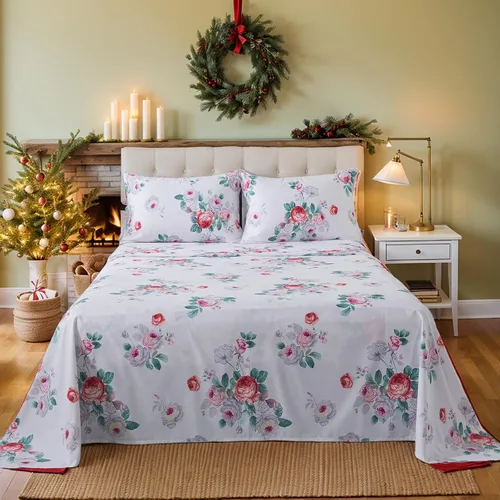 Miniatura 37 de FADFAY Juego de sábanas de cama tamaño King 100% algodón, color verde salvia, patrón floral de rosas rojas de campo francés, ropa de cama de lujo