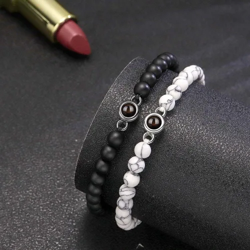Miniatura 4 de Pulseras para parejas, pulseras de cristal curativo de proyección en 100 idiomas, ágata negra, blanca, turquesa, pulseras a juego para novio, novia