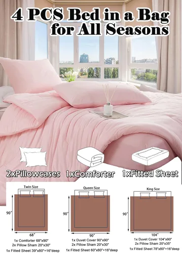 Miniatura 5 de MorroMorn Juego de edredón rosa individual, 4 piezas de cama en una bolsa para todas las estaciones, juego de cama rosa nube, sábanas bajeras