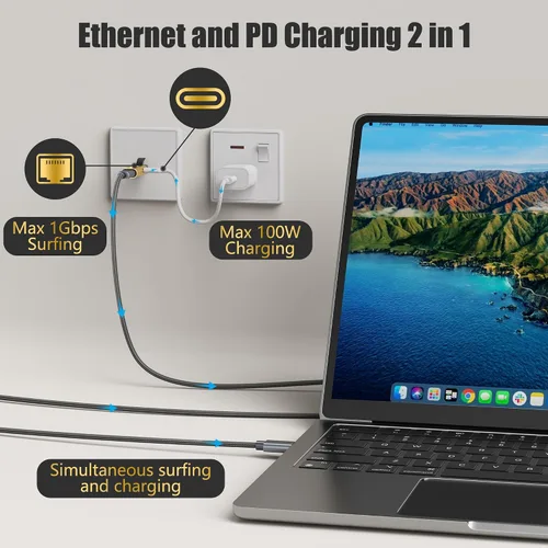 Miniatura 2 de Adaptador USB C a Ethernet, nueva idea RJ45 macho a USB C hembra adaptador de red LAN, chip inteligente incorporado, simplemente inserta cables